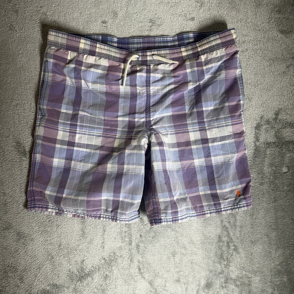 Polo Ralph Lauren Swim Trunks Youth XL Blue Plaid Drawstring Board Shorts Lined